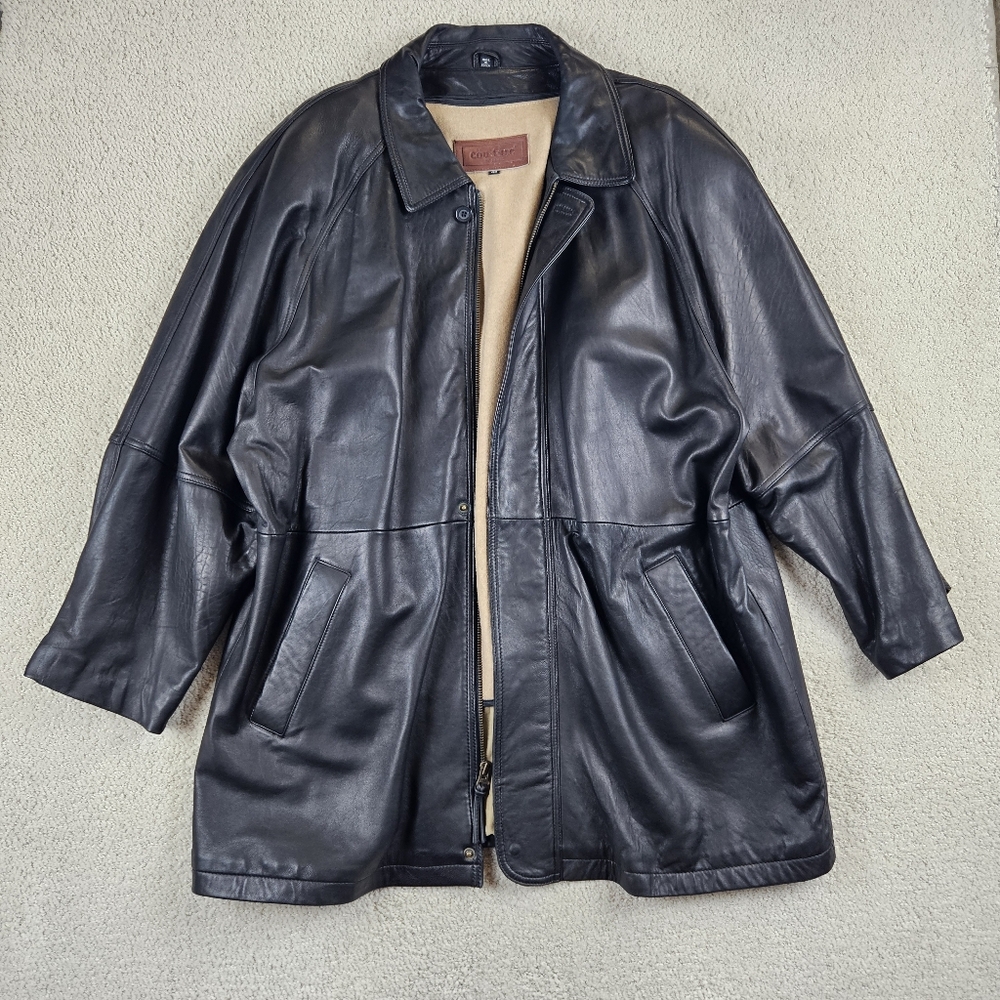 Soft Leather Coat Black Zip Out Wool Blend Liner Mid Length Mens 48 Heavy